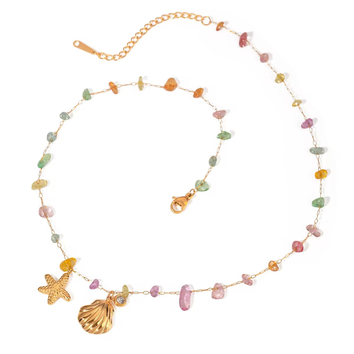 Cordón de Sirena 18k – Collar de Piedras Multicolor y Dijes Marinos en Acero Inoxidable