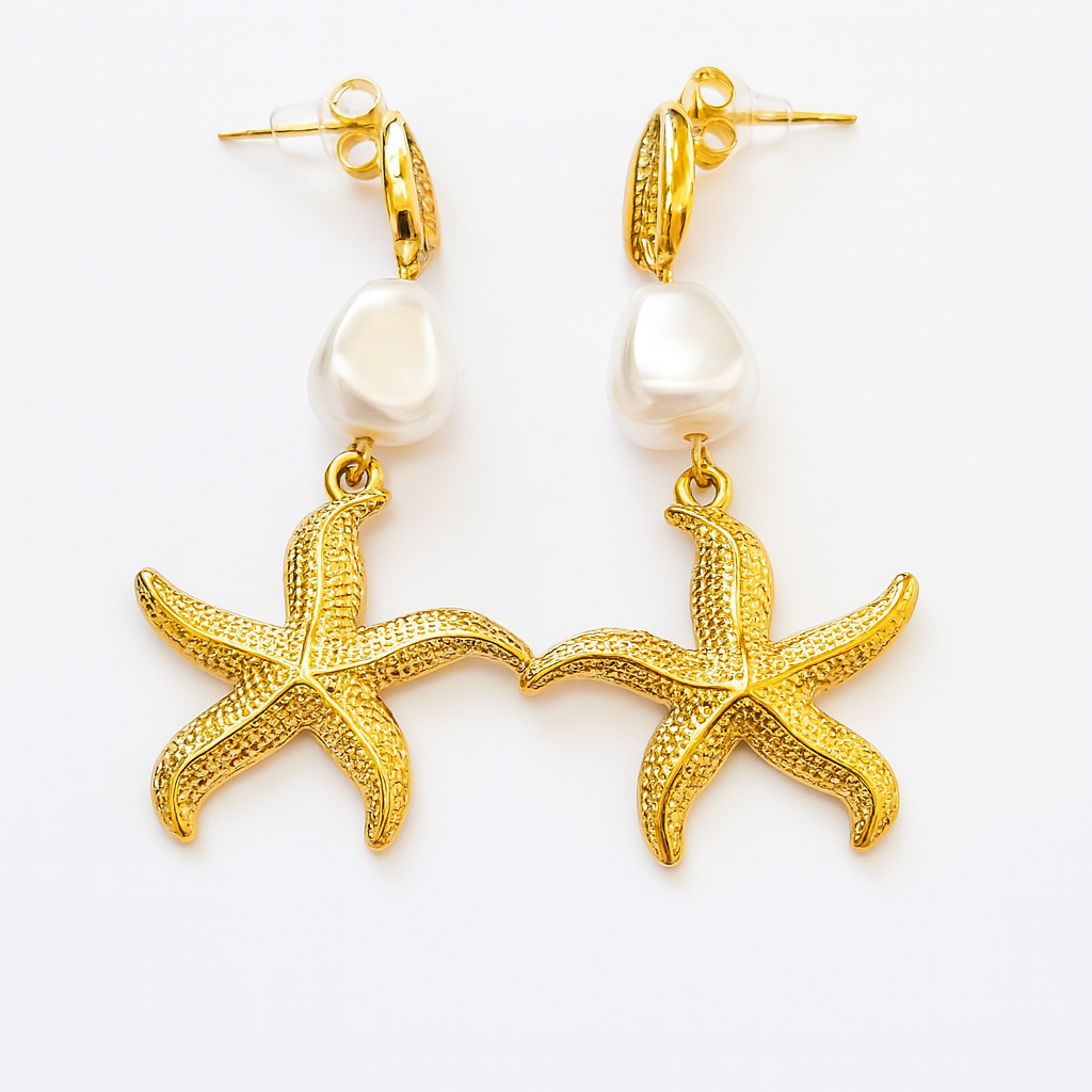 Estrella de Sal – Pendientes Dorados bañados en con Perla y Estrella Marina