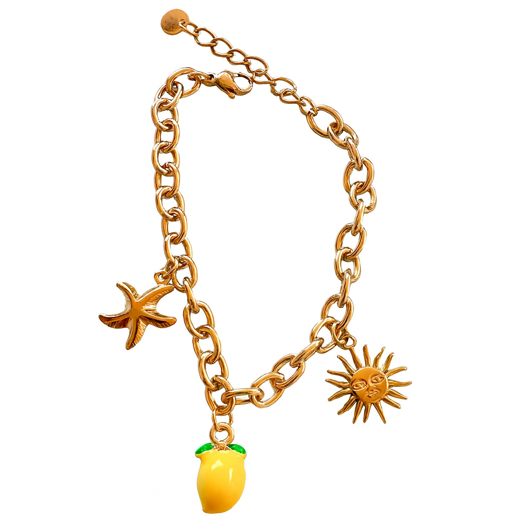 Lemon Glow – Pulsera Dorada con Dijes de Sol, Limón y Estrella de Mar