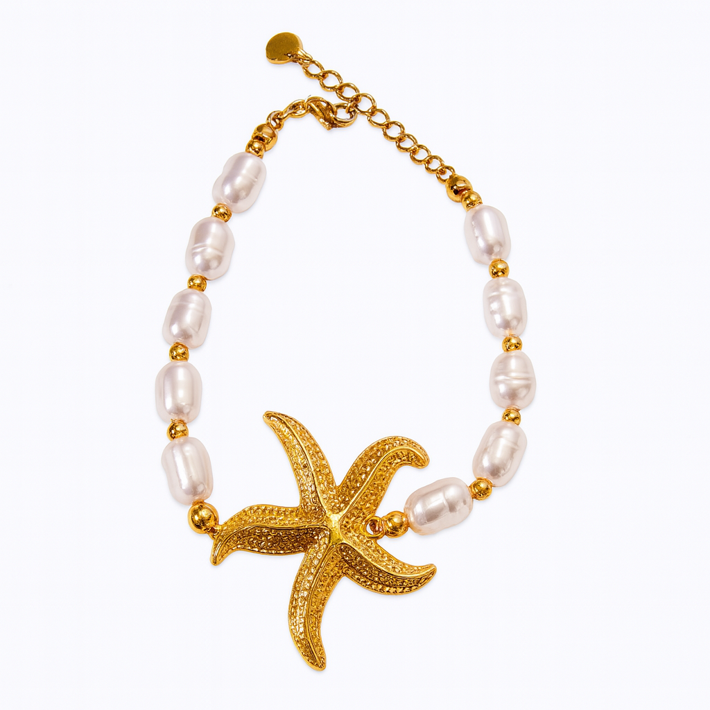 Perlas del Mar – Pulsera con Perlas Blancas y Estrella de Mar Dorada